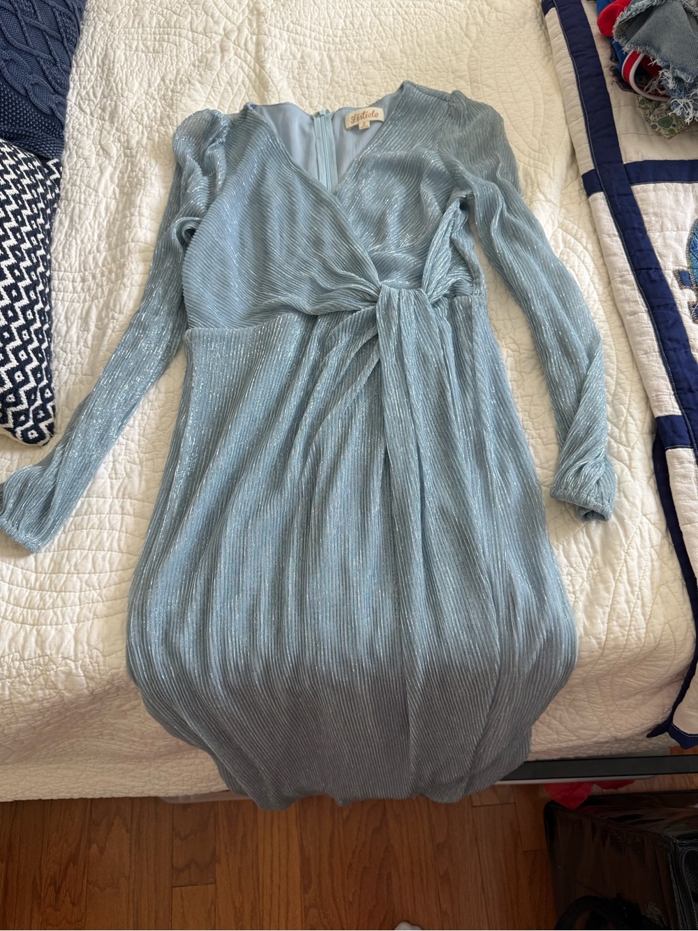 Listicle Powder Blue Long Sleeve Wrap Pleated Midi Dress